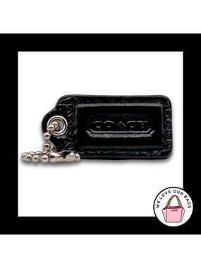 COACH HANG TAG Bag Charm Keychain Fob Black Polished Leather Nickel 1.5" Small